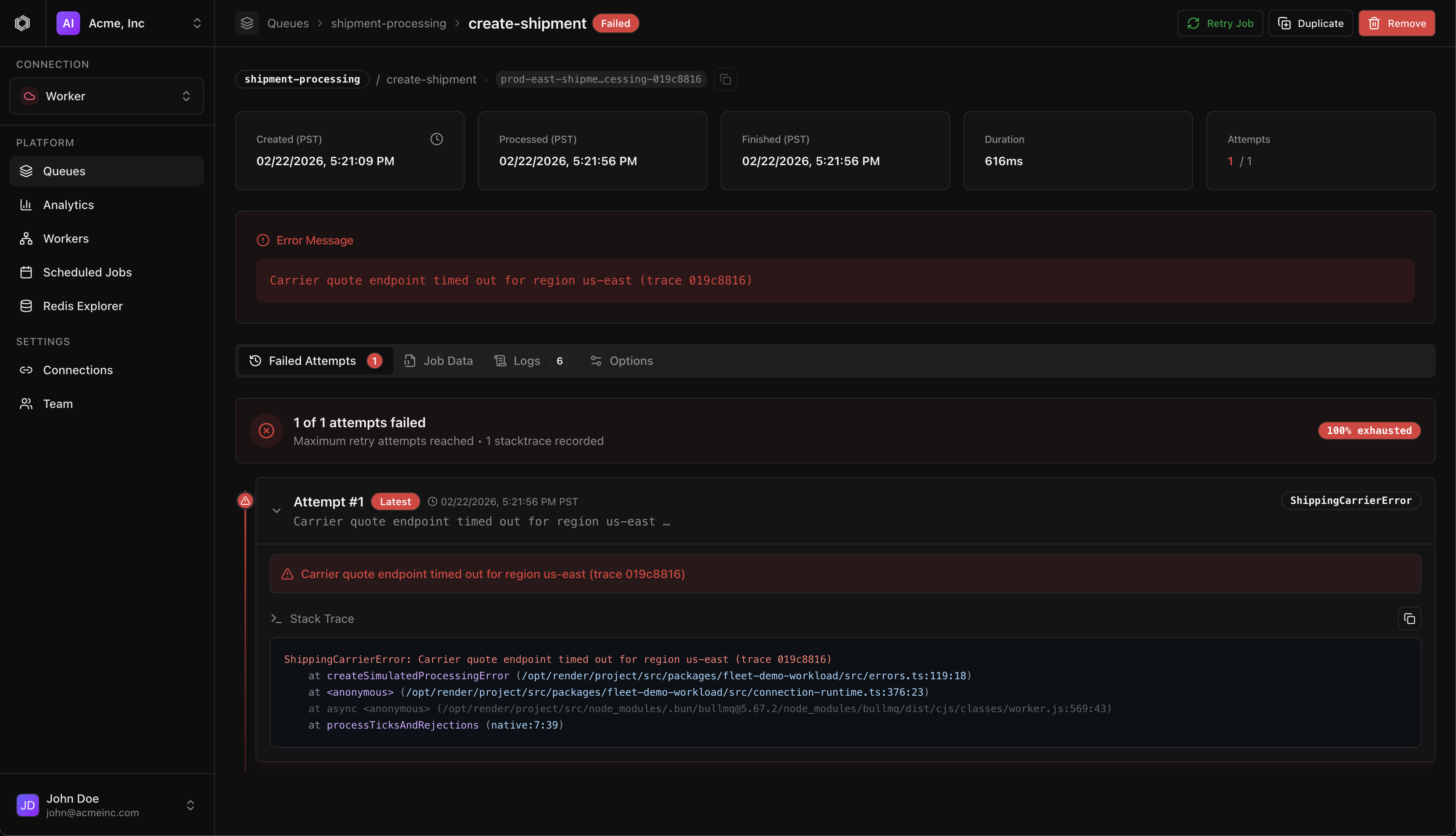 Durabull failure debugging view with stack traces and attempt history.